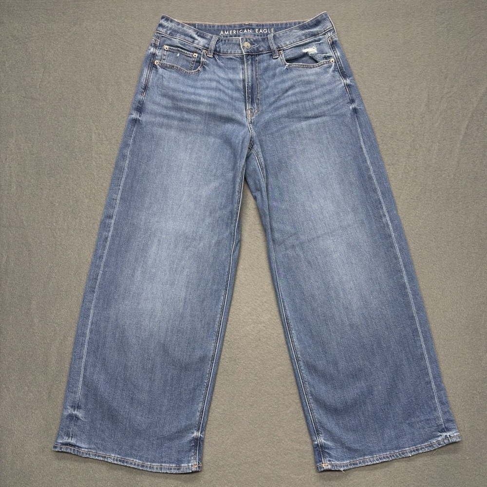 American Eagle Low Rise Baggy Jeans Wide Leg Womens 8 Short Blue Stretch Y2K - Picture 2 of 16
